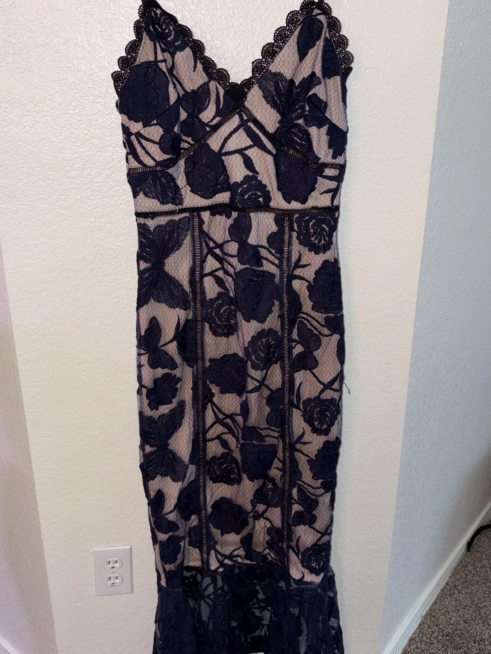 Lulu's Black Floral Lace Maxi Slip Dress with Nude Lining